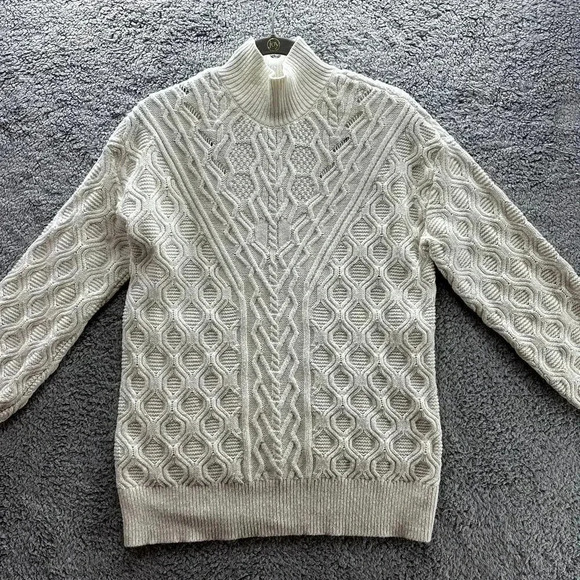 Talbots Large Cable Knit Sweater Pullover Stand Collar Cream Cozy Warm - Picture 2 of 9